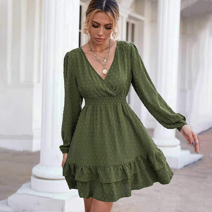Damen Langarm Kleid V-Ausschnitt Wickelkleid Tunika Kleider Partykleid Sexy Casual Midikleid Elegant