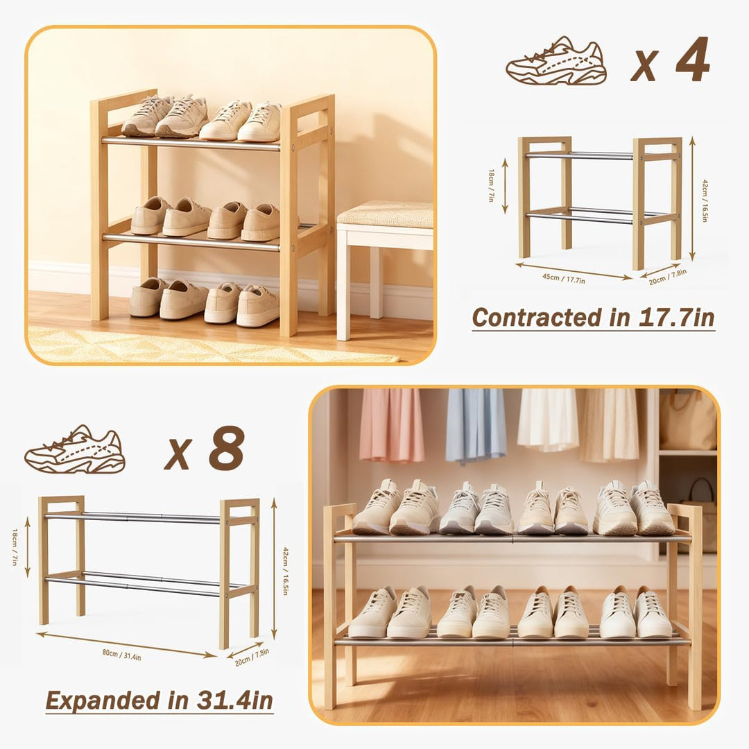 LEMIKKLE Schuhregal Holz Eiche 2-stöckig, Erweiterbar Mit Edelstahl-Elementen, Ideal Für Enge Räume,