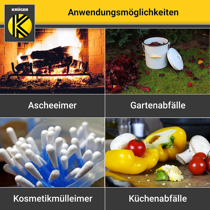 KRÜGER Mülleimer mit Deckel - Stahl Abfalleimer mit Emaille-Beschichtung und Holzgriff - schnitt- un