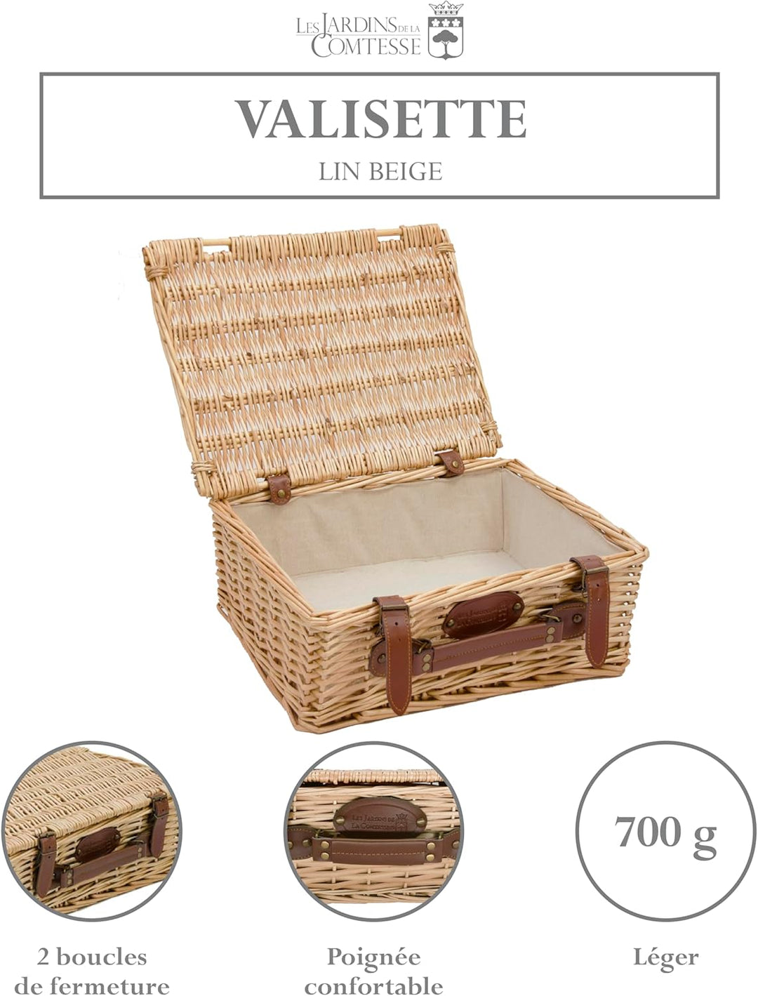 Picknick-Korb, leer, mit Stoff, beige