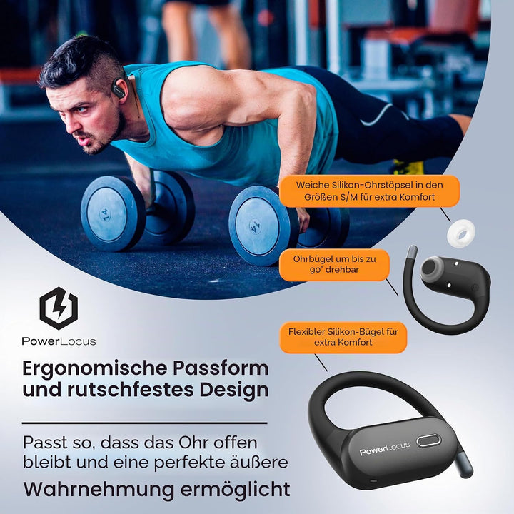 PowerLocus Kabellose Sport-Kopfhörer, Open-Ear Kopfhörer mit flexiblem Ohrbügel, Stereo-Sound, wasse