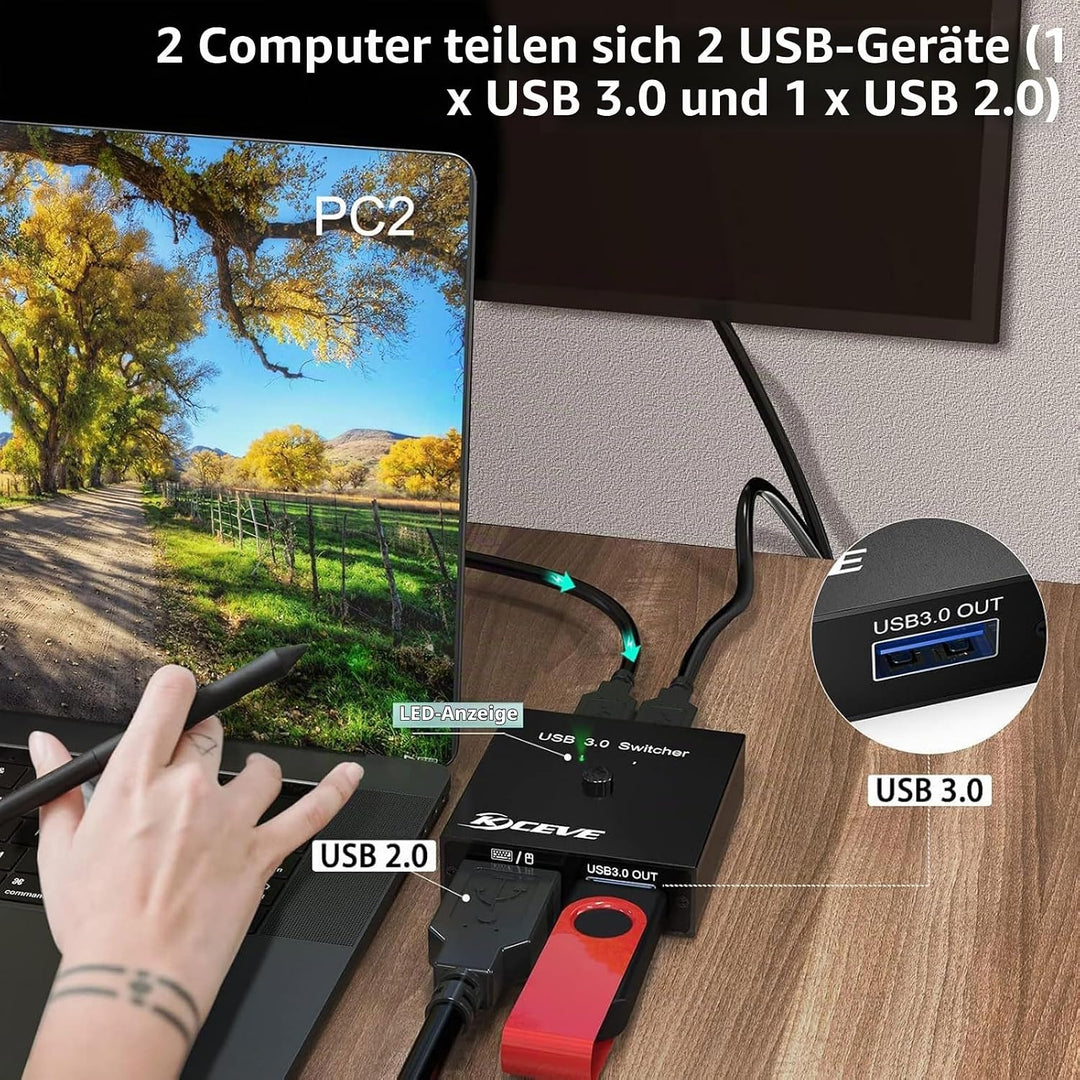 USB Switch für 2 PC, USB Switch 2 in 2 out zum Teilen von Maus, Tastatur, Drucker, U-Disk zwischen 2