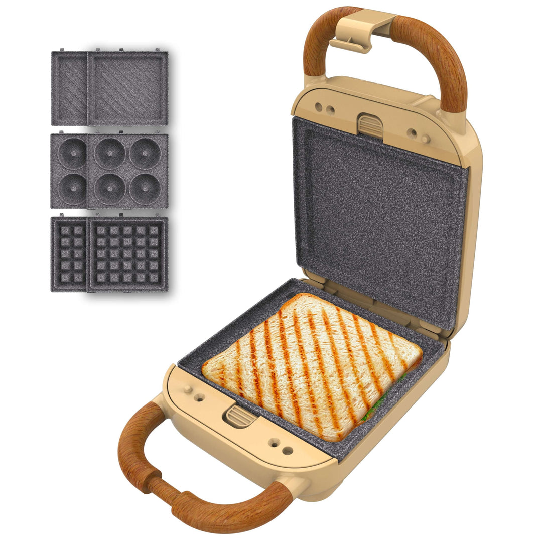 Cecotec Sandwichmaker Vintage Rock'Ntoast Retro One Gelb. 700W, 3 austauschbare Platten, Retro-Desig