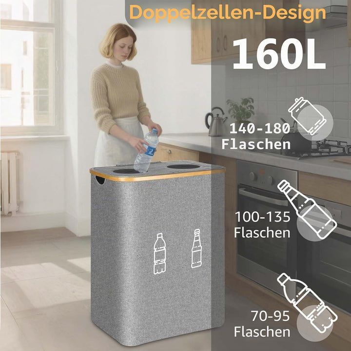 Pfandflaschen Sammelbehälter 2 Fächer, 160L Pfandflaschen Behälter mit 4 Tragetaschen, Grosse Aufbew
