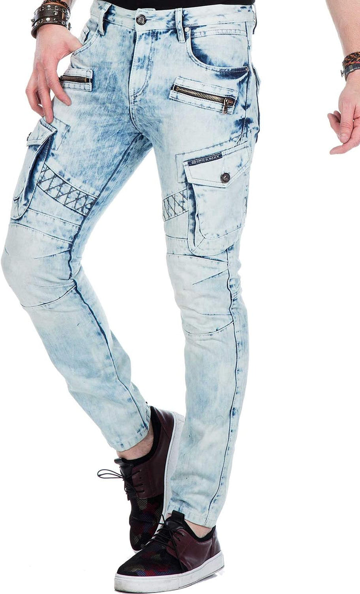 Cipo Baxx Herren Jeans Hose Slim Fit Cargo Design Denim Freizeit Hose Hellblau W32 L34
