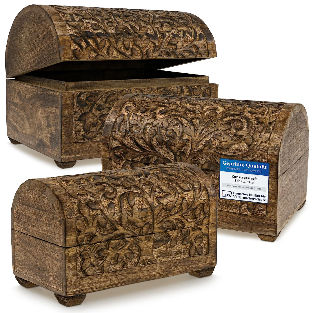 3 er Set Schatztruhen Baum des Lebens, massive Holz-Schatullen max. 28 x 20 x 19 cm Braun Box Baum d