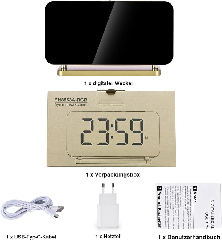 SZELAM Wecker Digital,Wecker Nachttisch,7,4" LED-Spiegeluhr mit 10 Modi RGB-Nachtlicht,11 Farben LED