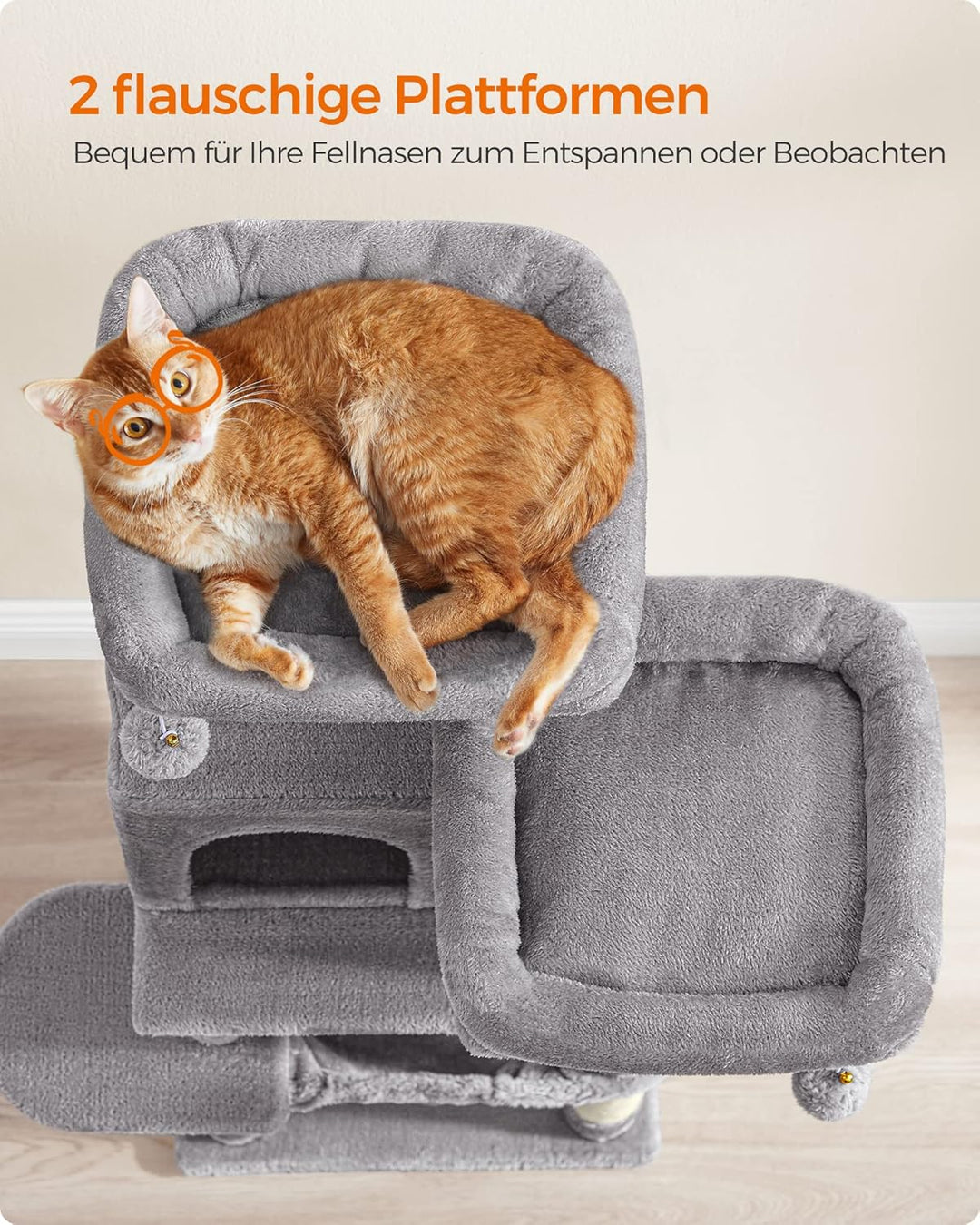 Feandrea Kratzbaum, 112 cm hoch, Katzenbaum mit 11 Kratzsäulen, 2 Plattformen, 1 Katzenhöhle, 1 Häng
