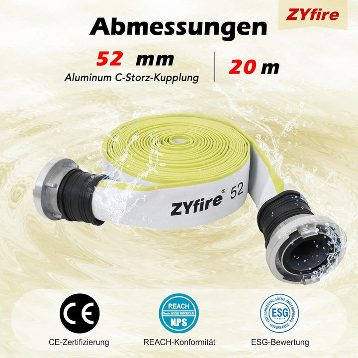 ZYfire Feuerwehrschlauch 52mm x 20m | 2 Zoll Feuerschlauch mit C-Storz Kupplung | flexibler Wassersc