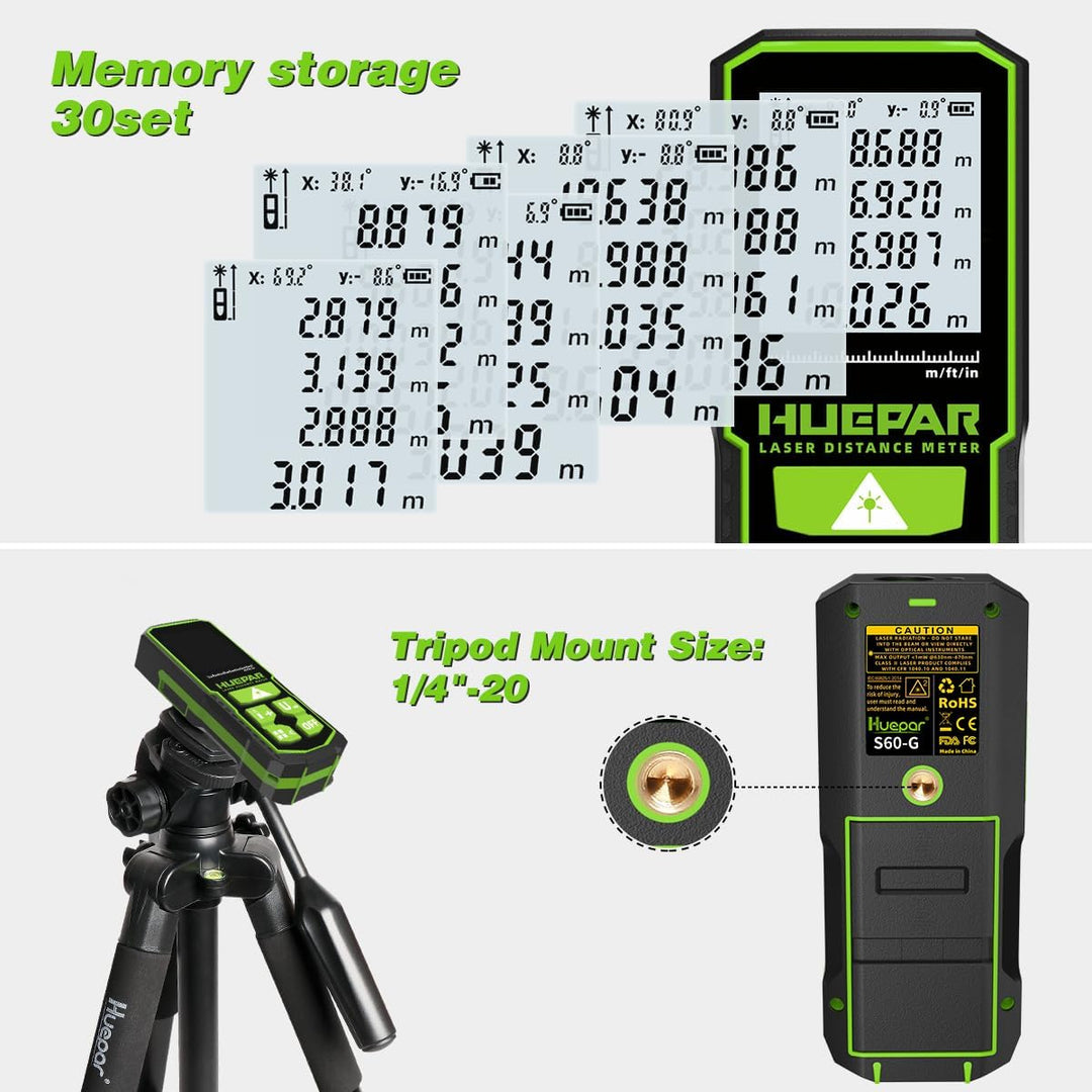 Laser Entfernungsmesser mit Grüner Strahl 60m (196ft), Huepar Digitales Messgerät mit LCD-Display, w