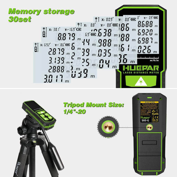 Laser Entfernungsmesser mit Grüner Strahl 60m (196ft), Huepar Digitales Messgerät mit LCD-Display, w