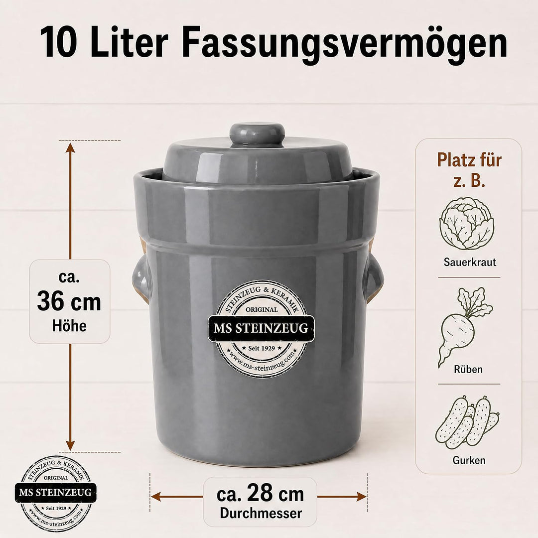 Gärtopf 10 L Steingrau + Beschwerungssteine | Gesund durch Fermentation mit Sauerkrauttopf | Einmach