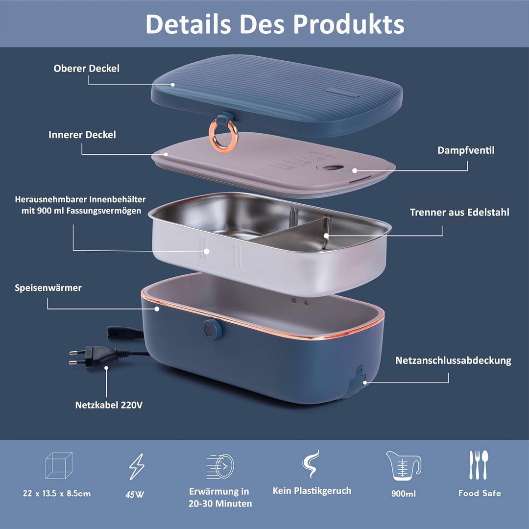 Bella Epoca: Elektrische Tragbare Heizbox – Elegante Wärmende Lunchbox. Elektrische Lunchbox mit 2 F
