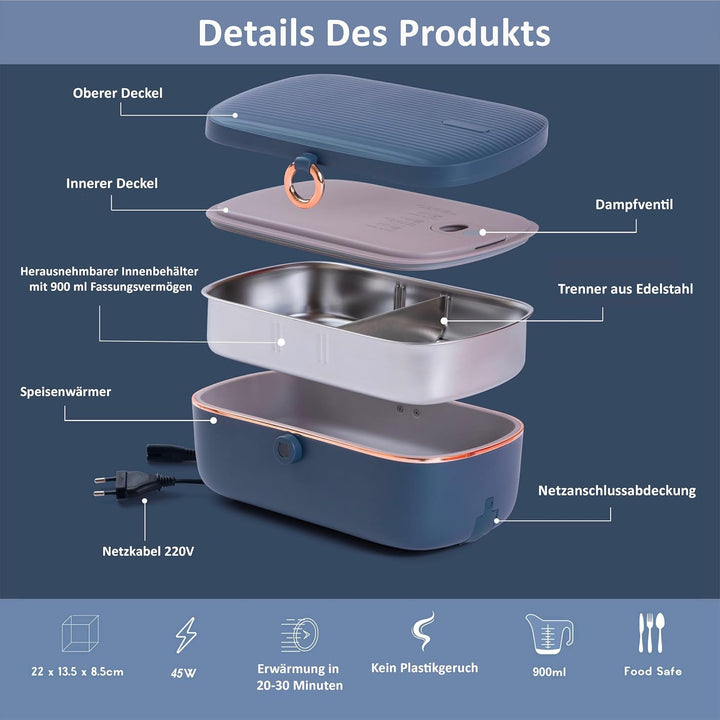 Bella Epoca: Elektrische Tragbare Heizbox – Elegante Wärmende Lunchbox. Elektrische Lunchbox mit 2 F