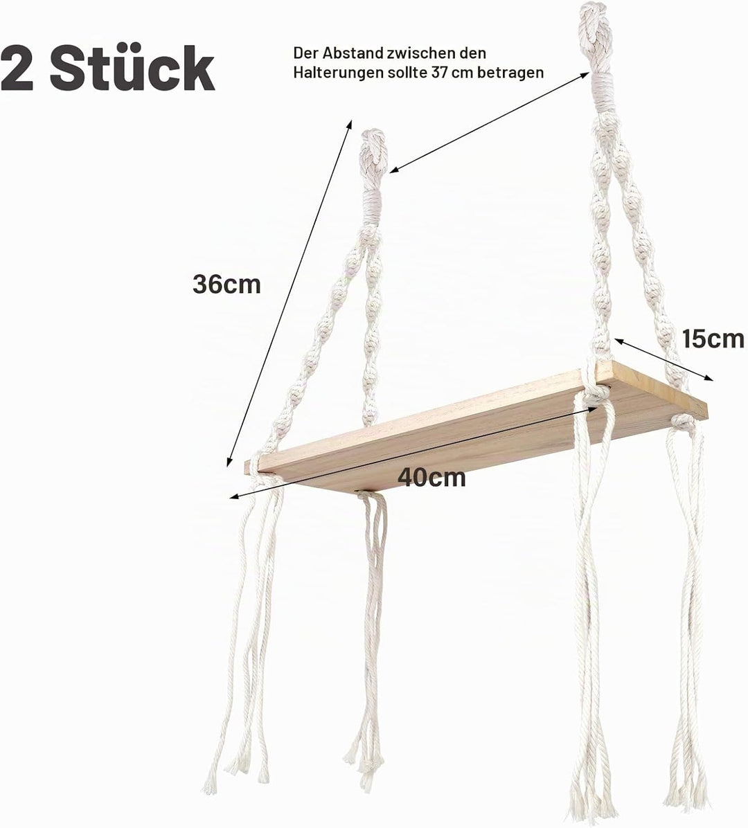 2 Stück Wandregal aus Holz, Wandregal aus Holz, Bohème, Wandregal mit Makramee-Schnur, schwimmende R