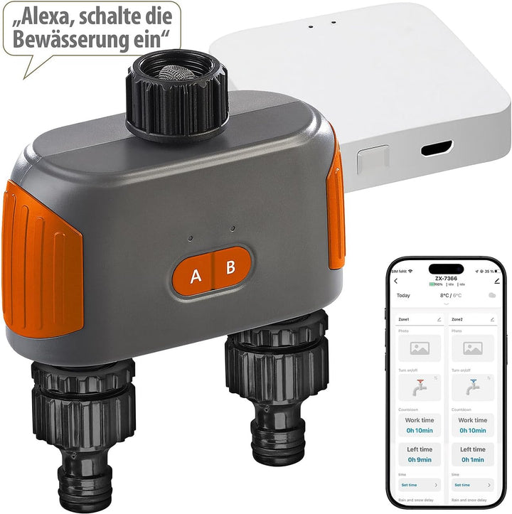 Royal Gardineer Bewässerung WiFi: 2-Zonen Bewässerungssystem, Timer, manuell & App, BT5 & WLAN Gatew