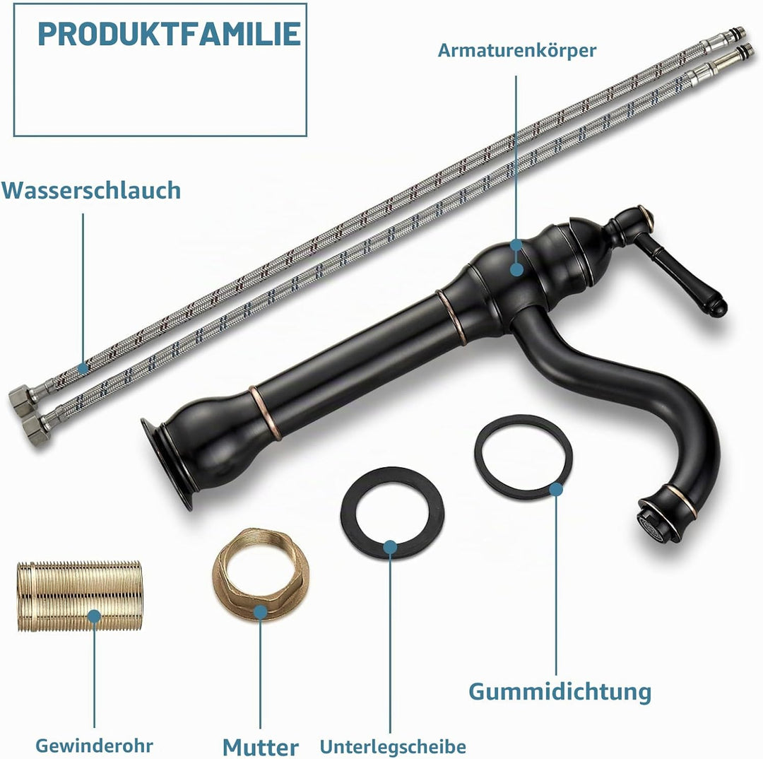 Namuoto Wasserhahn Bad Schwarz Retro Hoch Waschtischarmatur 360°Schwenkbar Einhebel Waschbecken Arma
