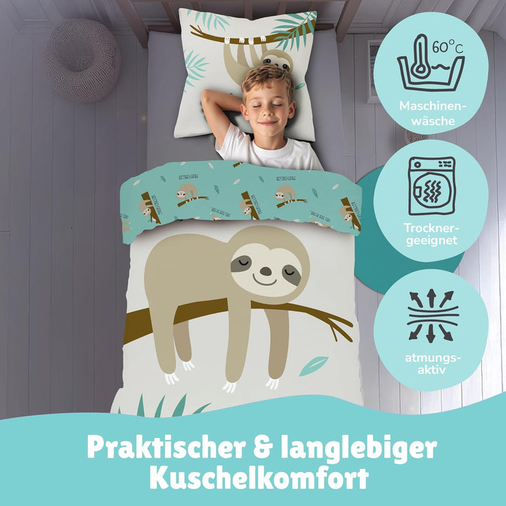 Familando Faultier Bettwäsche-Set 135x200 cm + Kissen 80x80 cm · Profi-Chiller · Kinder-Bettwäsche 1