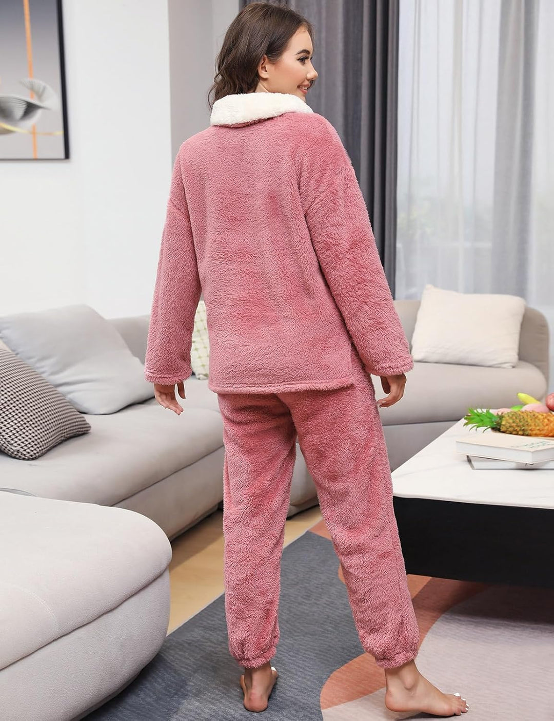 TOMEEK Schlafanzug Damen Winter Thermo Pyjama Set Langarm Fleece Nachtwäsche Set Weicher Warmer Heim