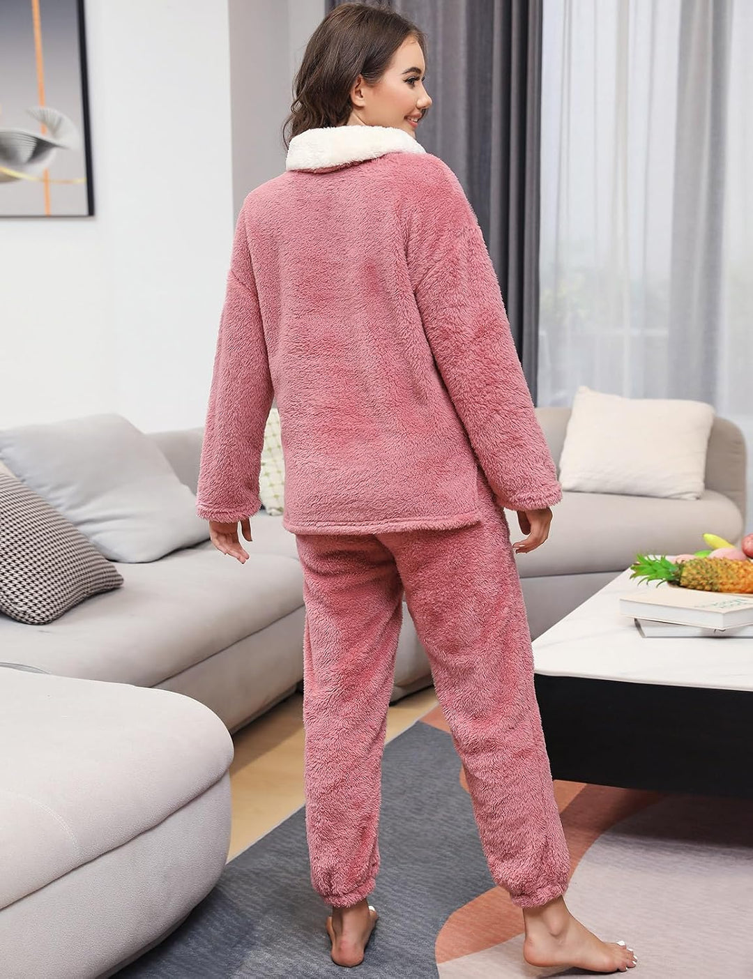 TOMEEK Schlafanzug Damen Winter Thermo Pyjama Set Langarm Fleece Nachtwäsche Set Weicher Warmer Heim