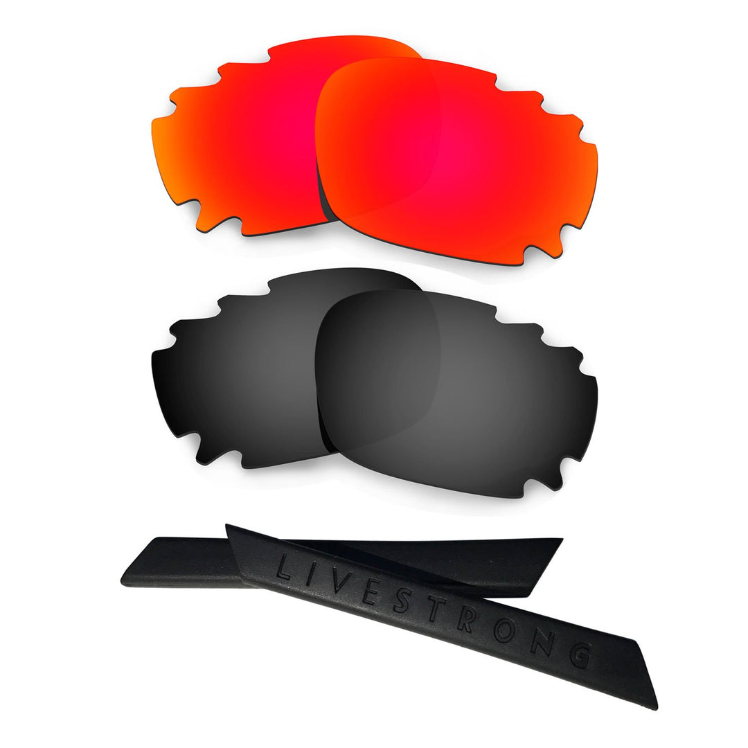 HKUCO Red/Black Polarized Replacement Lenses plus Black Earsocks Rubber Kit For Oakley Racing Jacket