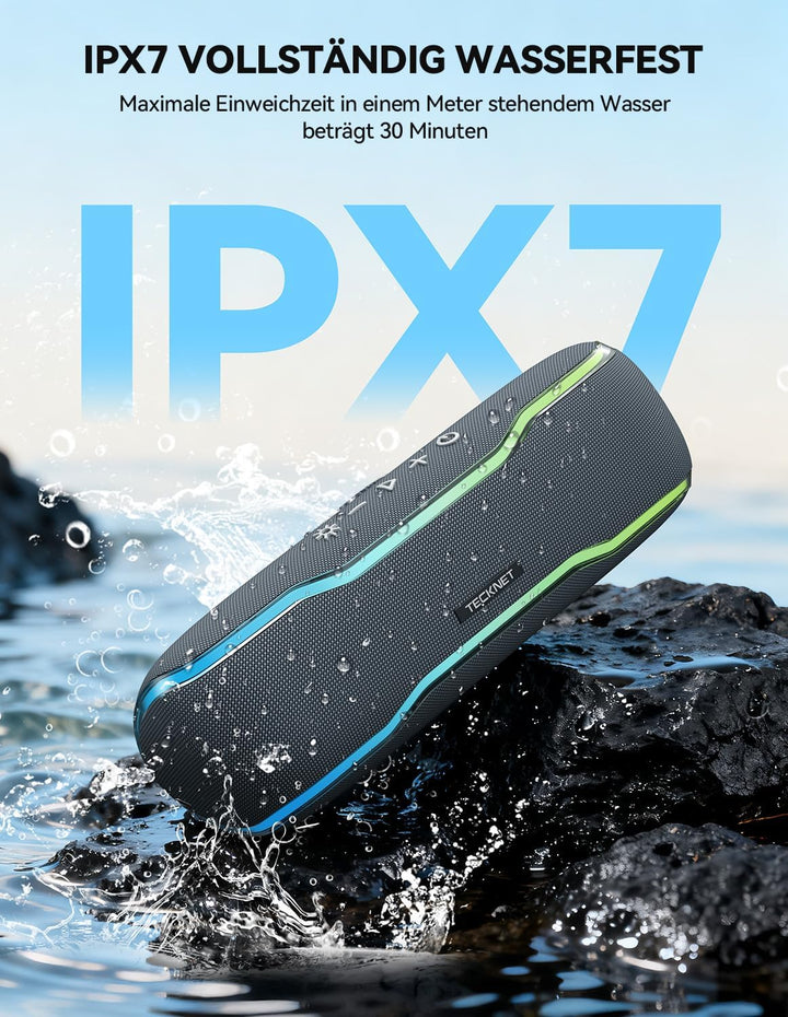 TECKNET Bluetooth Lautsprecher mit Licht, IPX7 Musikbox Kabellos Bluetooth 5,3 Speaker mit Wasserdic