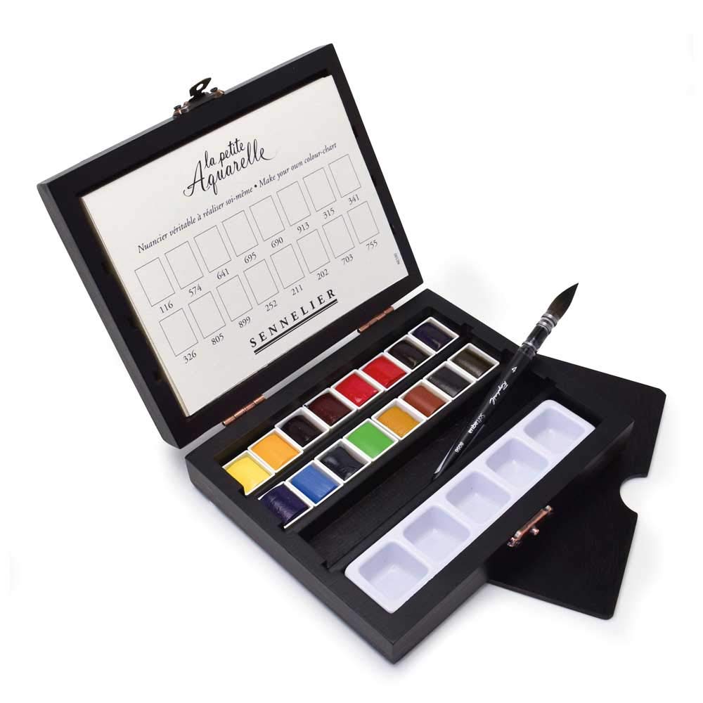Sennelier La Petite Aquarelle Travel Watercolor Set, Black Wood Case, Student Grade, Includes 16 Hal