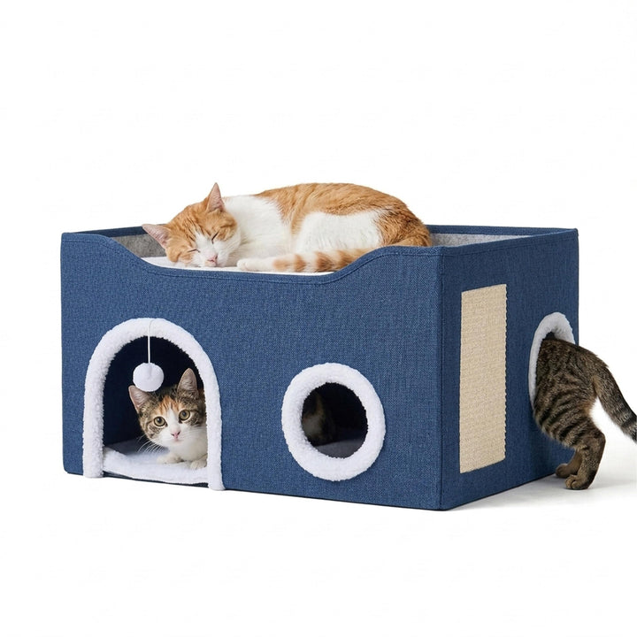 Relaxdays Katzenhöhle, H x B x T: 34 x 60 x 40 cm, Kratzfläche, blau | Spielball, 2 Katzenkissen, fa
