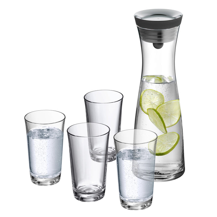 WMF Basic Wasserkaraffe-Set 5-teilig, Karaffe 1l mit 4 Wassergläser 250ml, Glaskaraffe mit Deckel, S