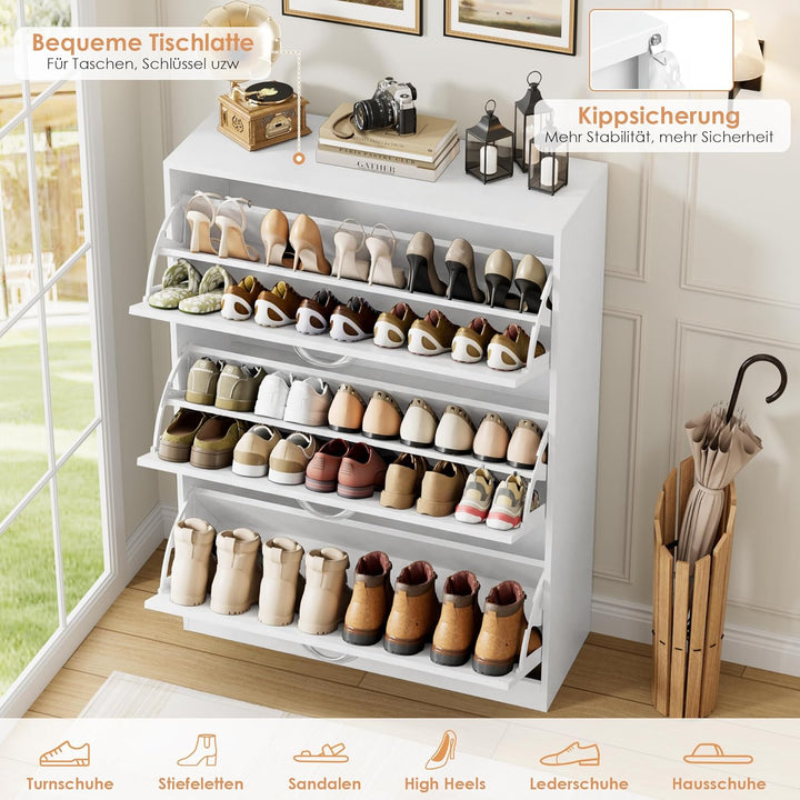 FirFurd Schuhschrank weiss mit Schuhkipper für 12-24 Parre, Schuhregal platzsparend für Schuhaufbewa