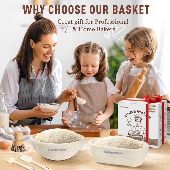 Spardar Brot Gärkorb Set, 23cm Runden und 25cm Ovalen Sauerteigkörben, 100% natürlichem Rattan, Gärk