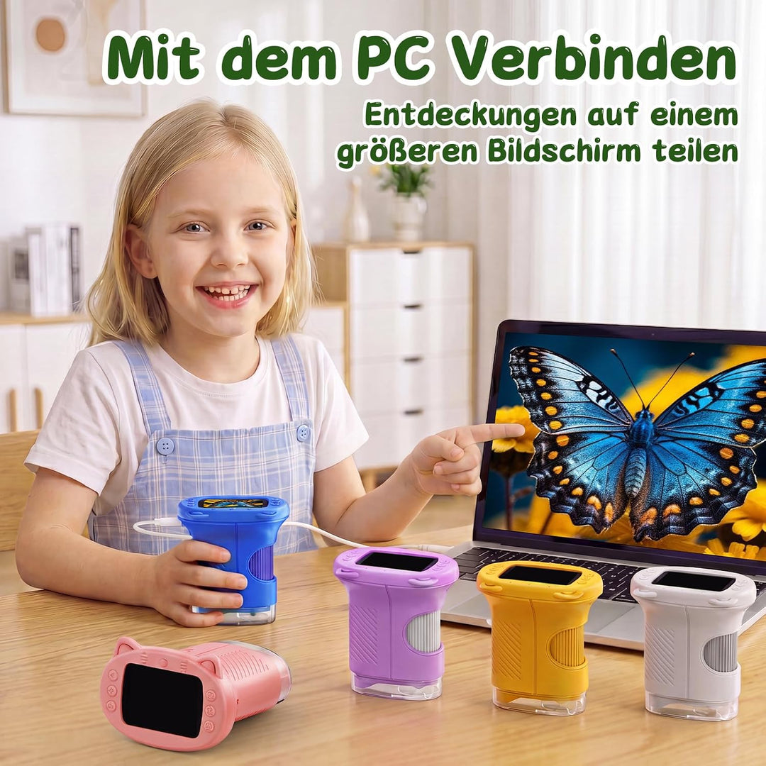 Tragbares Mikroskop für Kinder, 1000x Digitales Handmikroskop Kinder mit 2,4 Zoll IPS Bildschirm, Fo