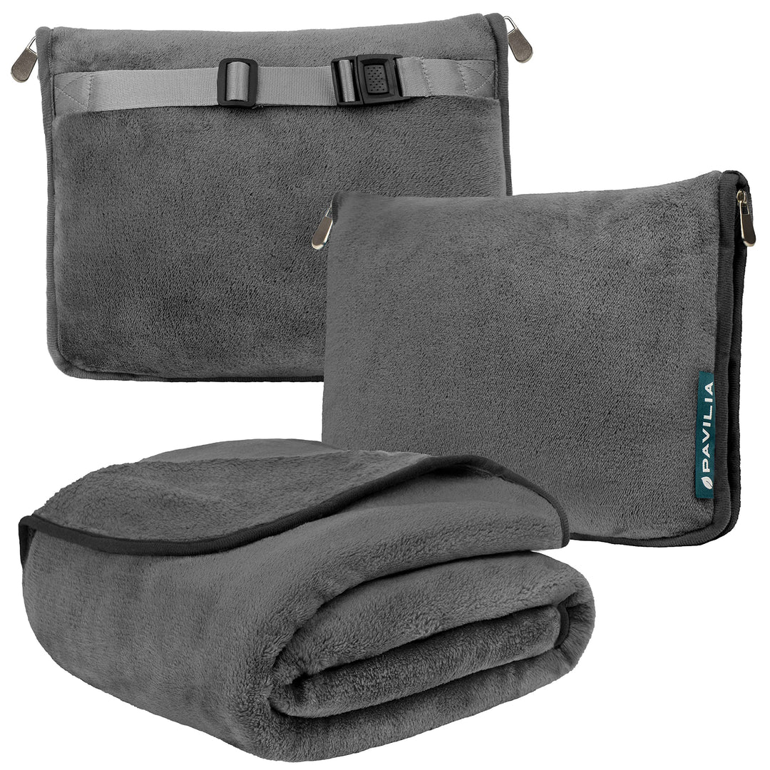 PAVILIA Reisedecke und -kissen, Doppelreissverschlüsse, Clip-Band, warmes, weiches Fleece, 2-in-1-Ko