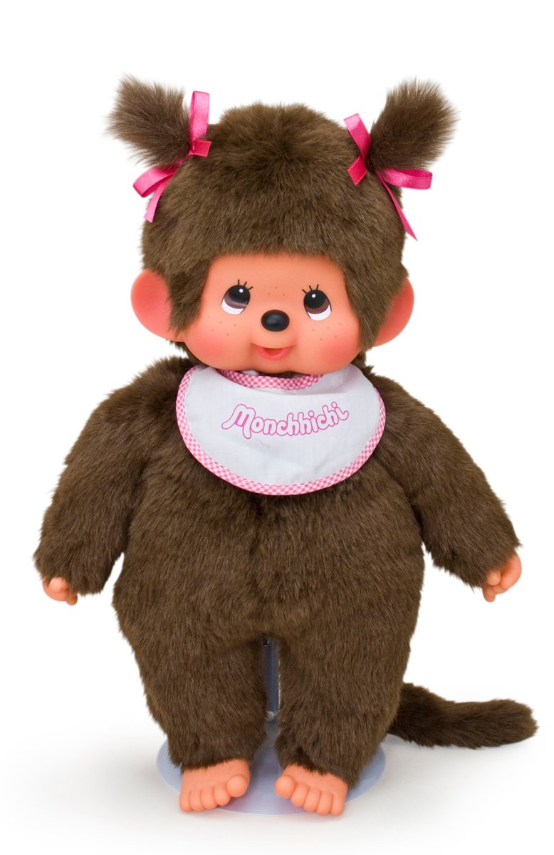 Sekiguchi 255530 - Original Monchhichi Mädchen, Plüschfigur mit weiss-pinkem Latz und Zöpfen mit Sch