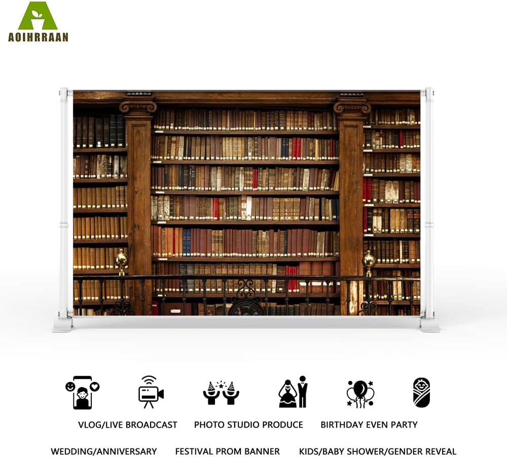 Aoihrraan 3x2,5m Vintage Bücherregal Hintergrund Schulbibliothek Retro Bücherregal Antike Bücher Fot