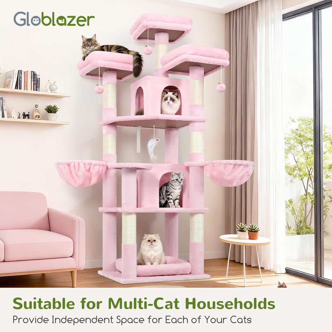 Globlazer Kratzbaum Rosa Stabil 174 cm mit 3 Gepolsterte Sitzstangen, 2 Katzenhaus, 2 Korb, Abnehmba