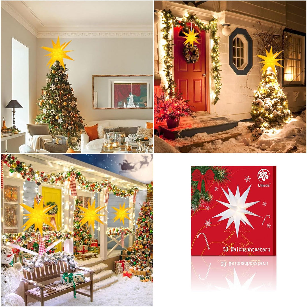 3D Weihnachtsstern Beleuchtet Fenster Batterie mit Timer - 45cm led Weihnachtsbaumspitze Stern, Leuc