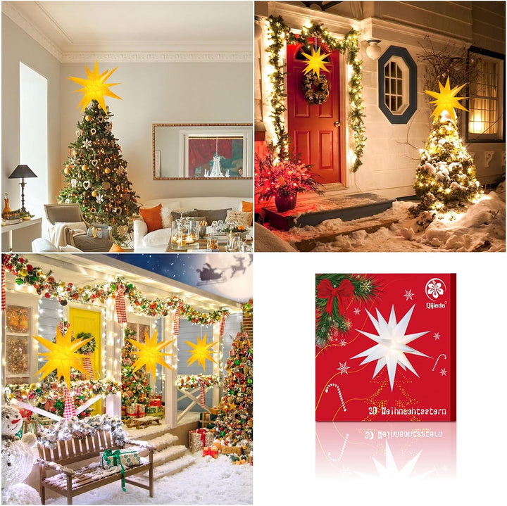 3D Weihnachtsstern Beleuchtet Fenster Batterie mit Timer - 45cm led Weihnachtsbaumspitze Stern, Leuc