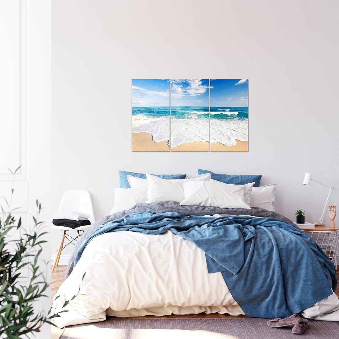 Runa Art Wandbilder Strand Meer Bild XXL Schlafzimmer Wohnzimmer Beige Blau Welle 120 x 80 cm 3 Teil