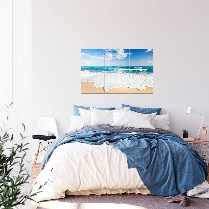 Runa Art Wandbilder Strand Meer Bild XXL Schlafzimmer Wohnzimmer Beige Blau Welle 120 x 80 cm 3 Teil