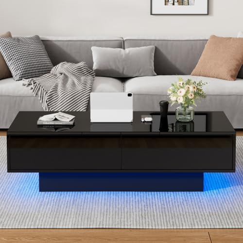 Merax Hochglanz Couchtisch 115 x 55 x 34 cm, Wohnzimmertisch mit 2 Schubladen, LED-Beleuchtung und 3