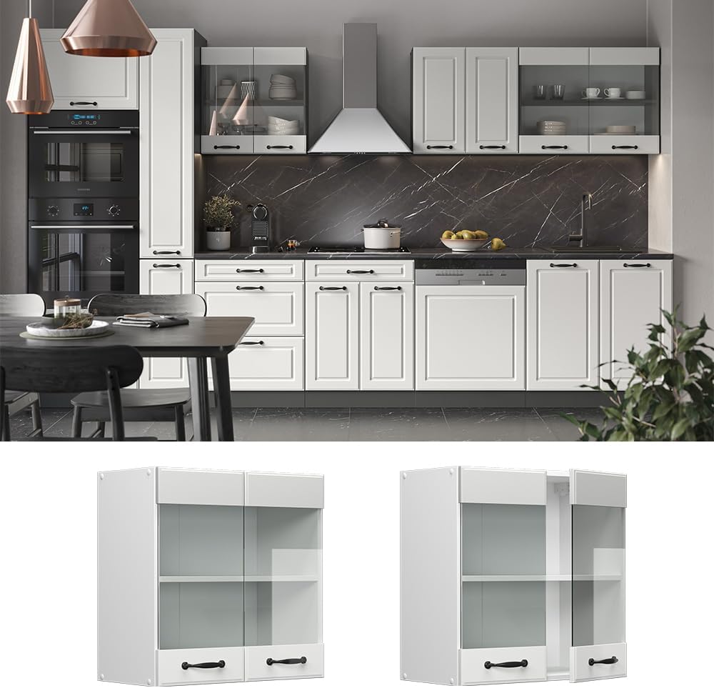 Vicco Küchenschrank Glas R-Line, Weiss Landhaus/Weiss, 60 cm Weiss Landhaus Hängeglasschrank 60 cm,