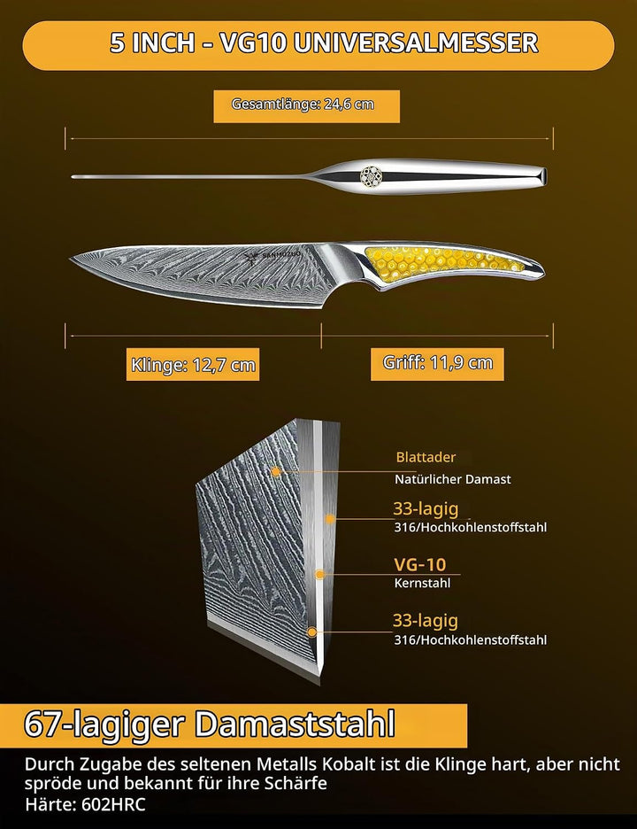 13CM Allzweckmesser, Küchenmesser aus Japanischem VG-10-Damaststahl, ultrascharfes Obstmesser mit Er