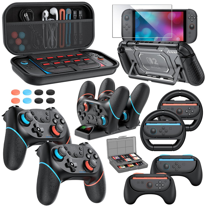 Switch 2 Pro Controller Zubehör-Bundle für Nintendo Switch 2, 2 × Schwarz | Tragetasche, Controller-