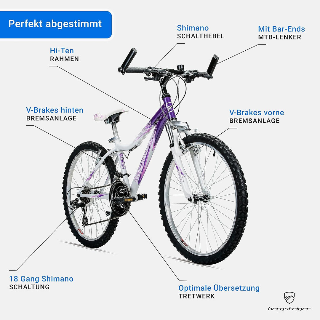 Bergsteiger Verona 24 Zoll Kinderfahrrad, geeignet für 8, 9, 10, 11 Jahre, Shimano 18 Gang-Schaltung
