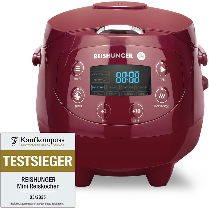REISHUNGER Digitaler Reiskocher klein, bordeaux | 0,6 L bis 3 Personen | Warmhaltefunktion, Timer &