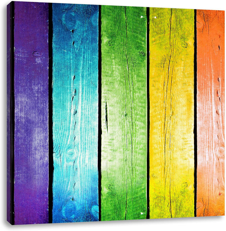 Bunte Zaunslatten, Format: 70x70 auf Leinwand, XXL riesige Bilder fertig gerahmt mit Keilrahmen, Kun