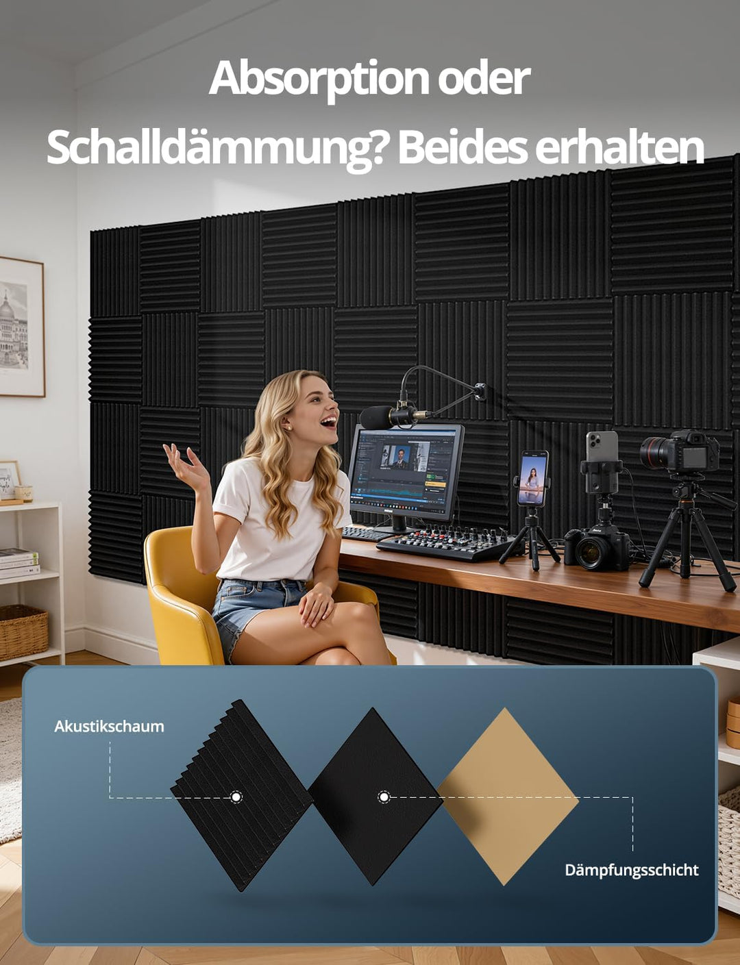 Kuchoow Schallschutz Akustikschaumstoff Wand mit Dämmung Schweres Vinyl, 8 Stück Selbstklebend Akust