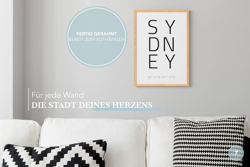 Papierschmiede® Geo Poster Koordinaten Sydney, A3 Gerahmt im Natur-Holzrahmen, Stadt Bild als Wandde