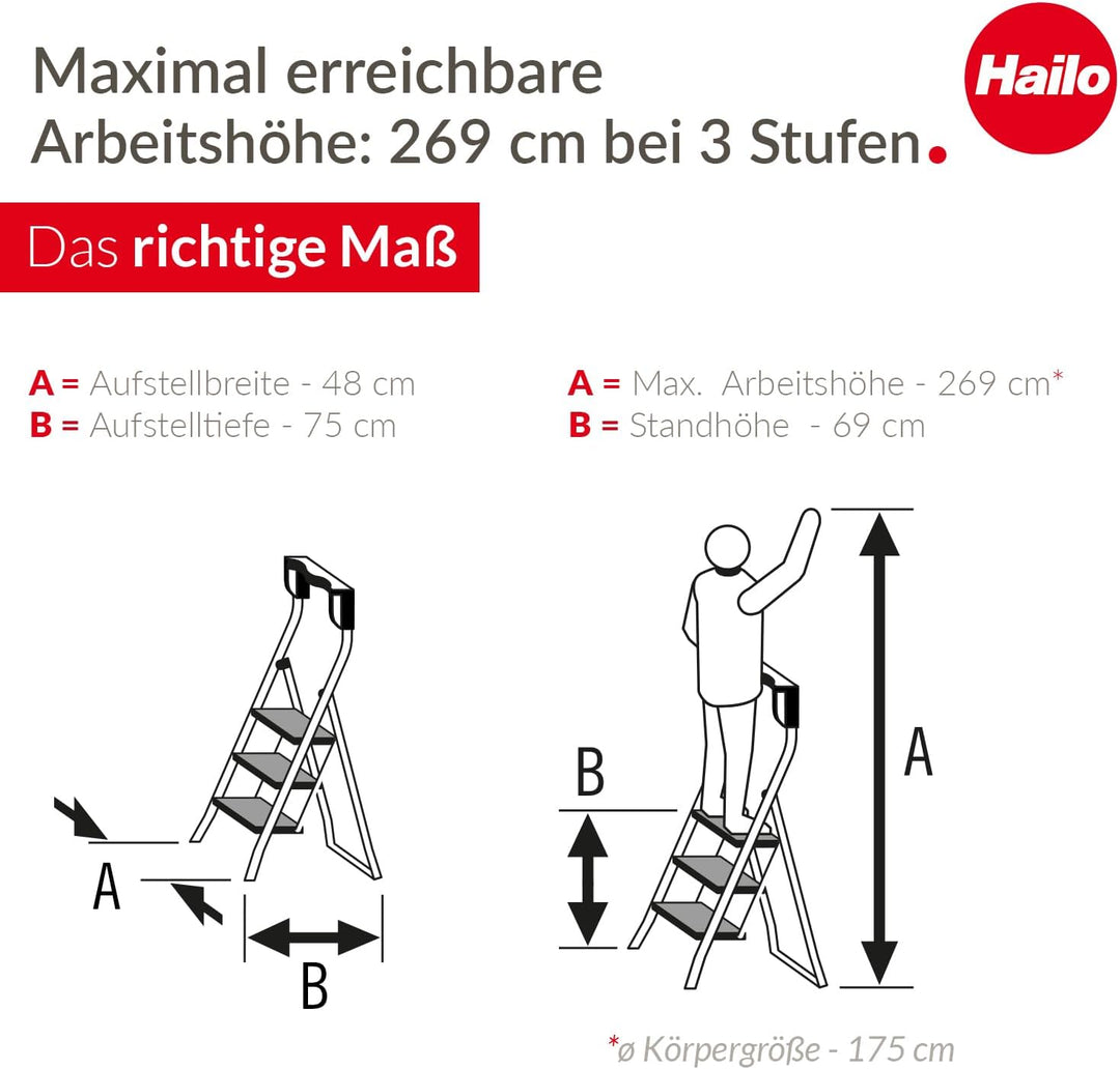 Hailo K77 ComfortLine Klapptritt - 3-stufige Trittleiter aus Stahl mit Sicherheitsbügel und Ablagesc